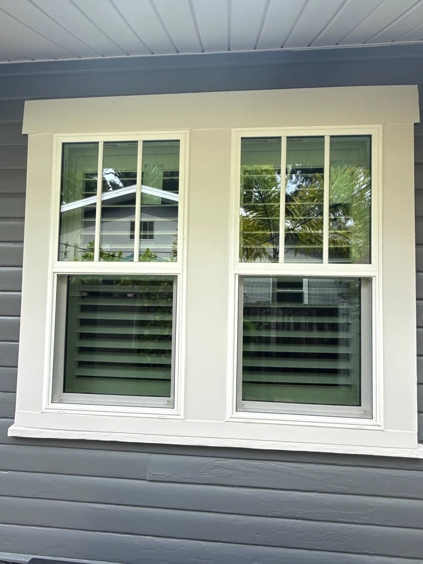 Two white-framed single-hung windows with grids in the upper sashes, set in wide white trim on gray lap siding under a covered porch ceiling, with interior shutters visible behind the lower glass and palm fronds reflected above.